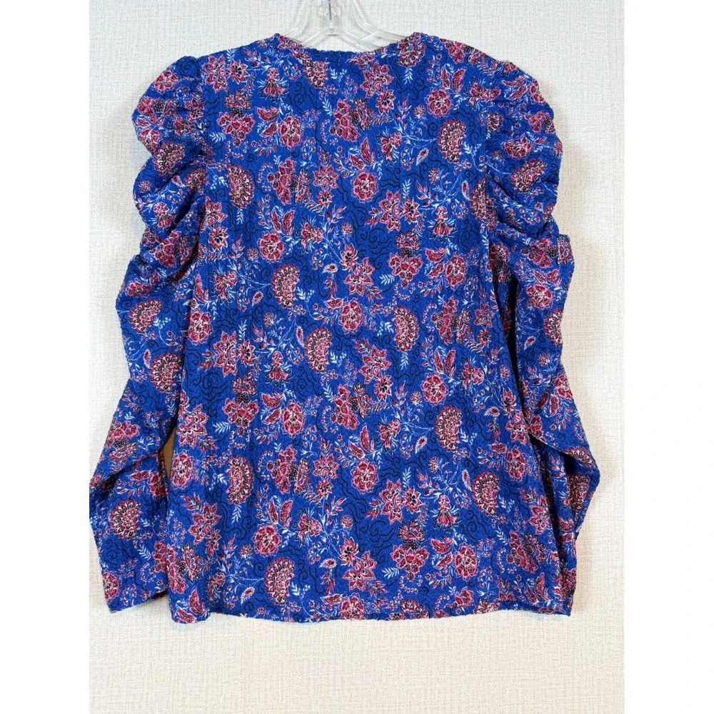 LOFT Women Blue Floral V-Neck Puff Ruched Sleeve Crinkle Blouse Top •L• Romantic
